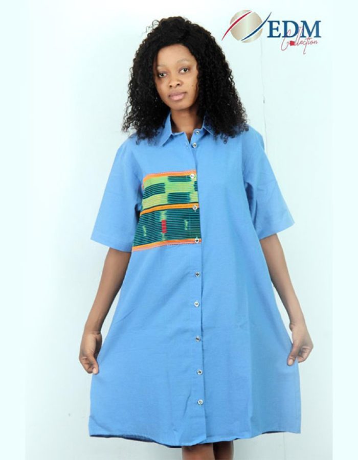 Robe bleue avec deco pagne baoulé